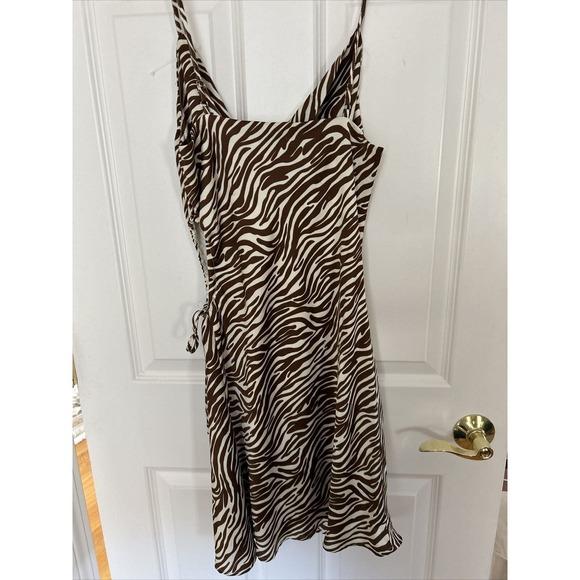 ACOA Zebra brown beige Satin Rouched Slip Dress Size Medium open at side lined - Picture 5 of 12